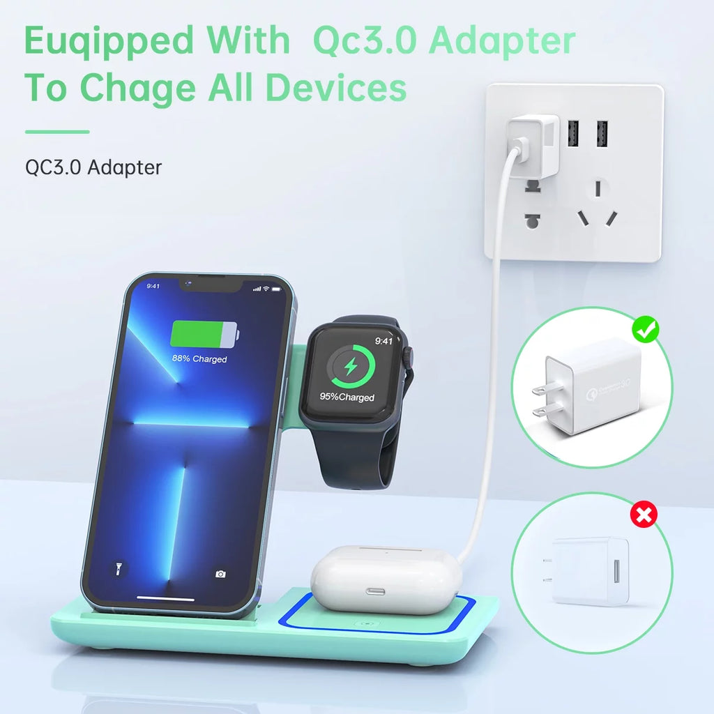 Wireless Charger, 18W 3 in 1 Wireless Charging Station for Iphone 17 16E 15 14 13 12 Pro, Fast Charger Stand for Iwatch SE 9-11 6-8 2-5, Airpods 4/3/2/Pro, Samsung Galaxy Seires (Green)