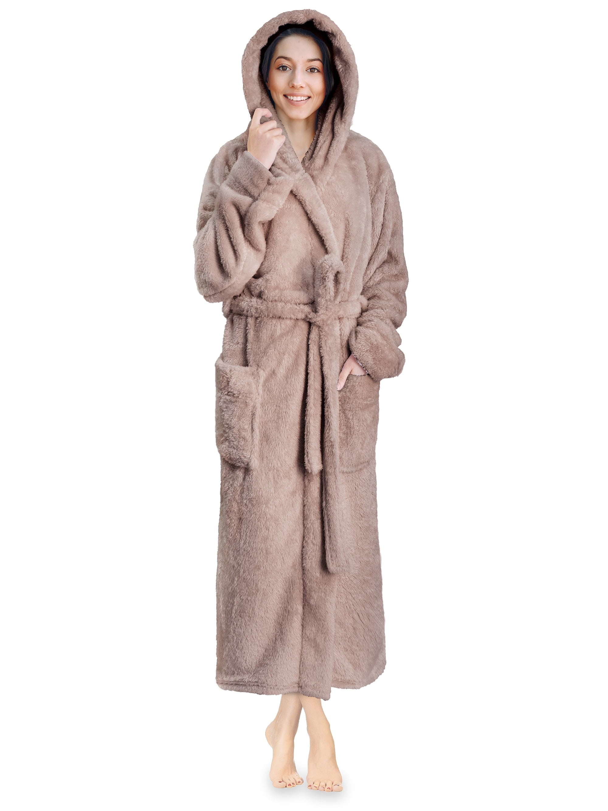 Women Hooded Plush Soft Robe | Fluffy Warm Fleece Sherpa Shaggy Bathrobe (S/M, Taupe)
